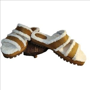 GIANI BERNINI Brown White Two-Strap Slides 10M Memory Foam Lug Sole Warm NWT